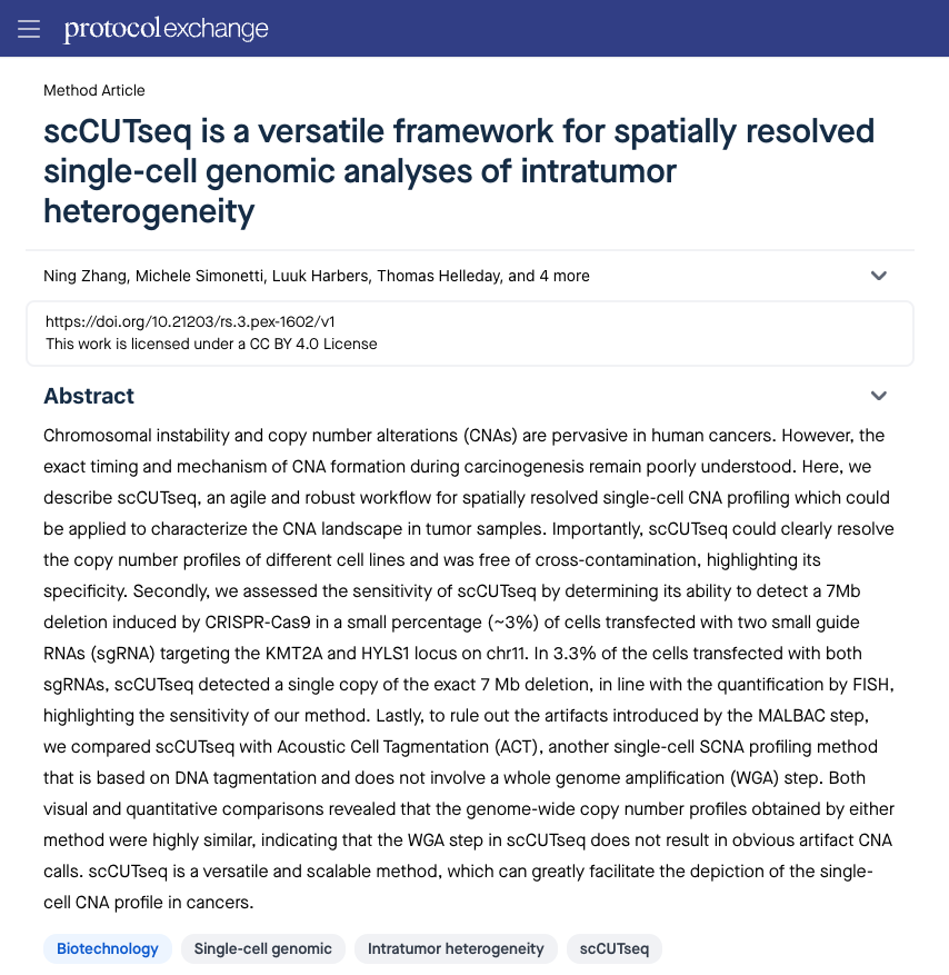 scCUTseq is a versatile framework for spatially resolved single-cell genomic analyses of intratumor heterogeneity in Protocol Exchange