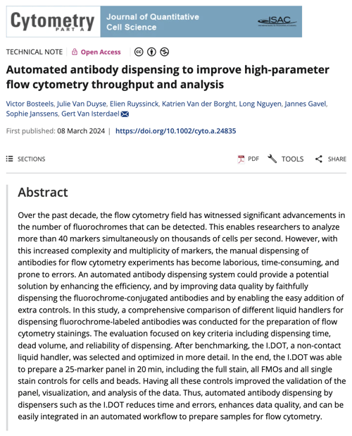 Automated antibody dispensing to improve high-parameter flow cytometry throughput and analysis published in Cytometry Part A. 
